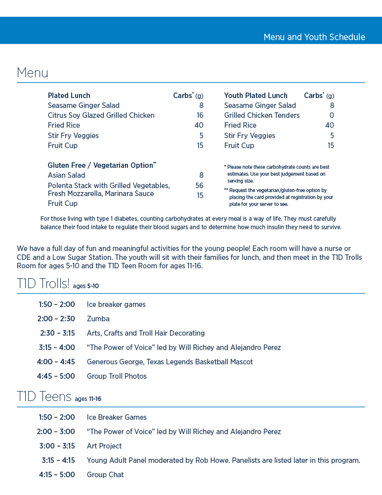 JDRF Type One Nation Program: Menu and Kid's Schedule page