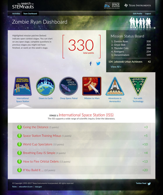 Search for STEMnauts Contest dashboard page